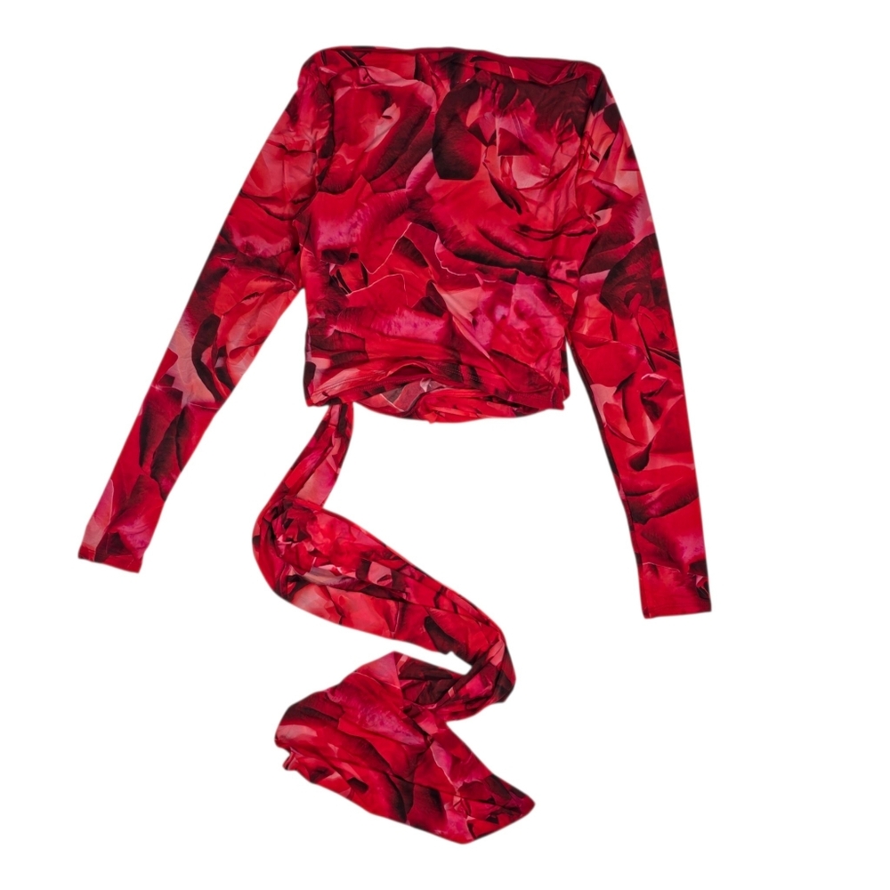 Naked Wardrobe Top Bare Body Rouge Rose Print Tie Size S NWT Crop Wrap - Picture 3 of 7